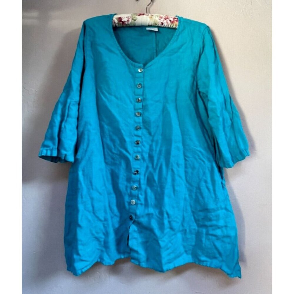 Click by Color Me Cotton Women's Large Turquoise Linen Button-Down Tunic Top